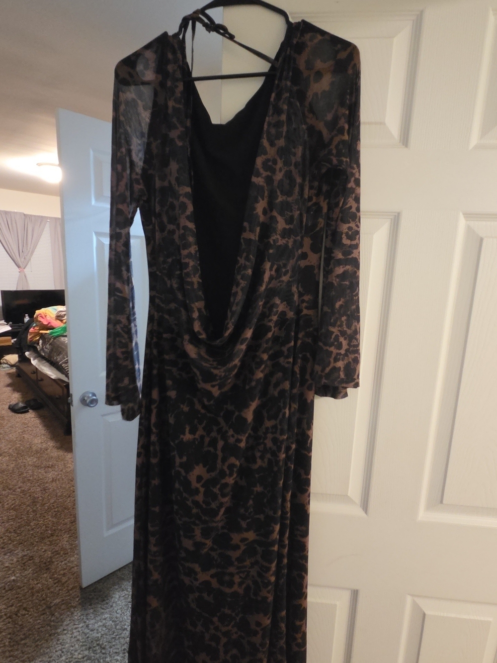 Brown and Black Animal Print Long Sleeve Maxi Dress